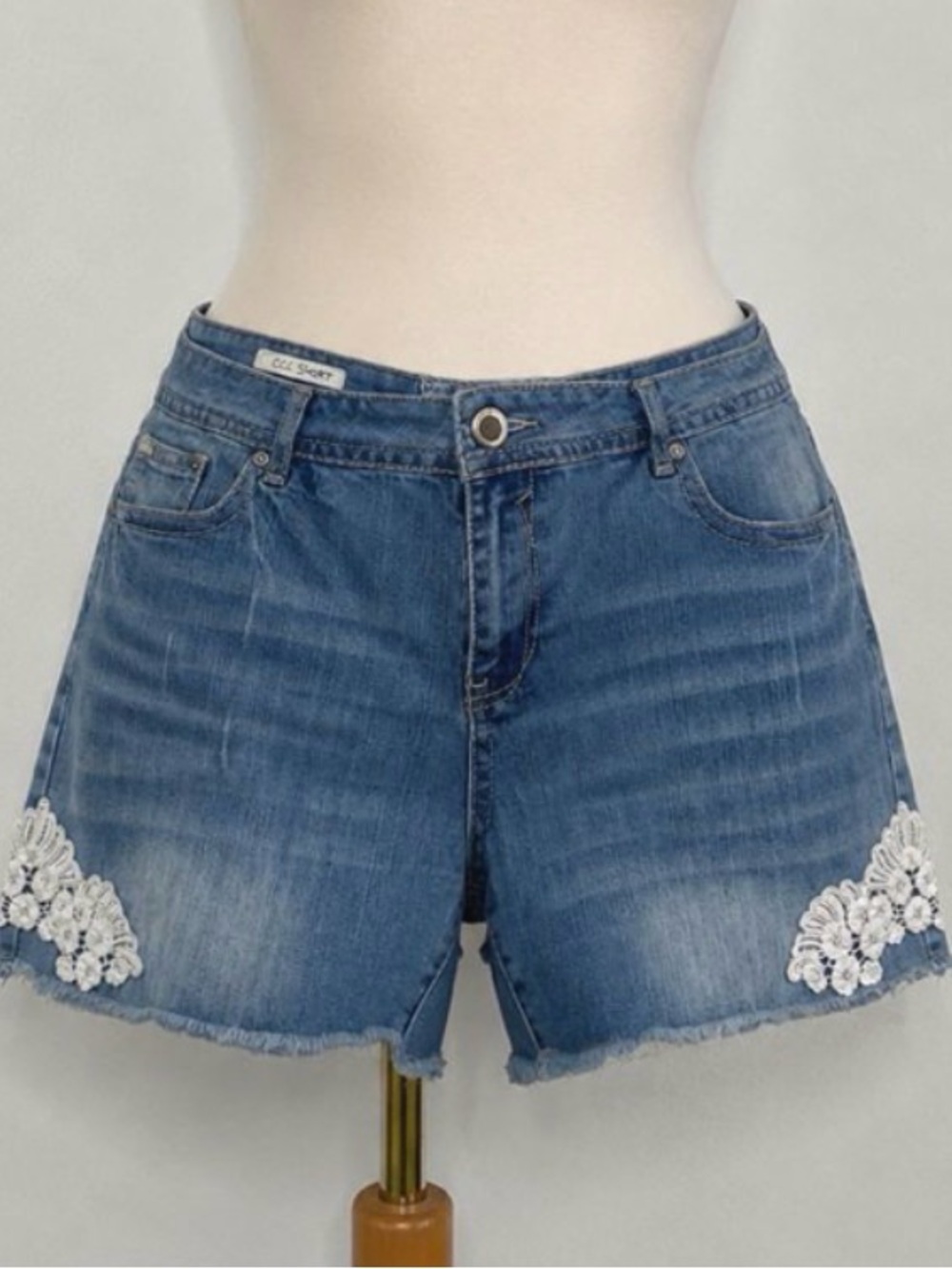 Hot Kiss Light Blue Denim Shorts with White Lace Appliqué